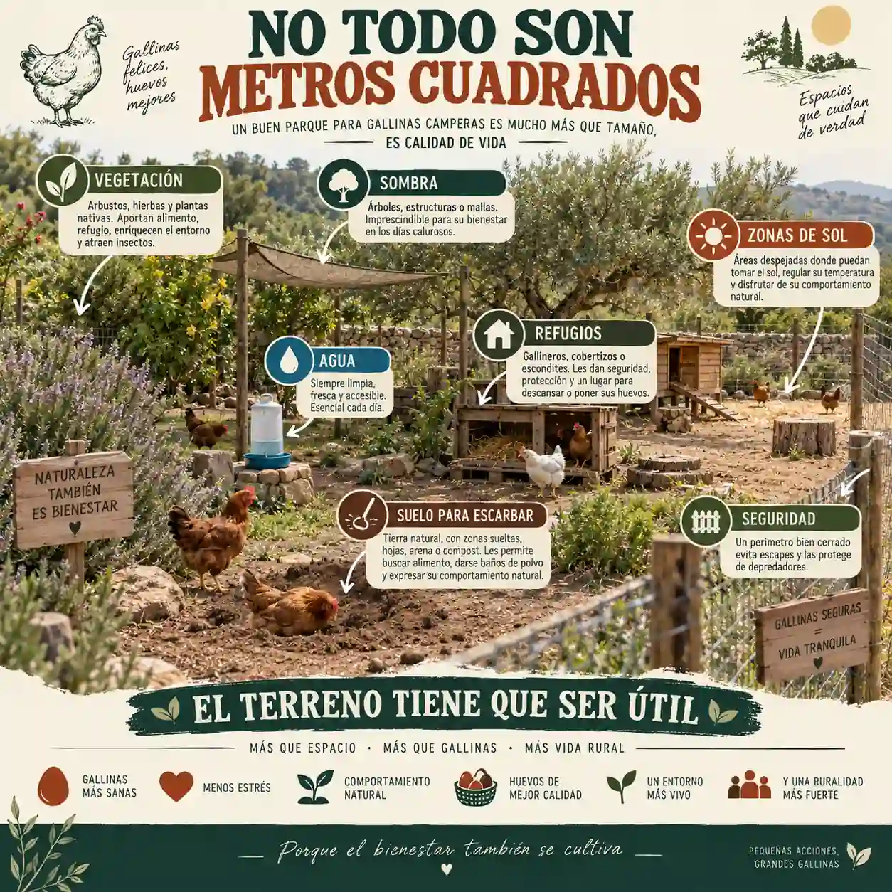 Infografía sobre vegetación sombra agua refugio y suelo útil para gallinas