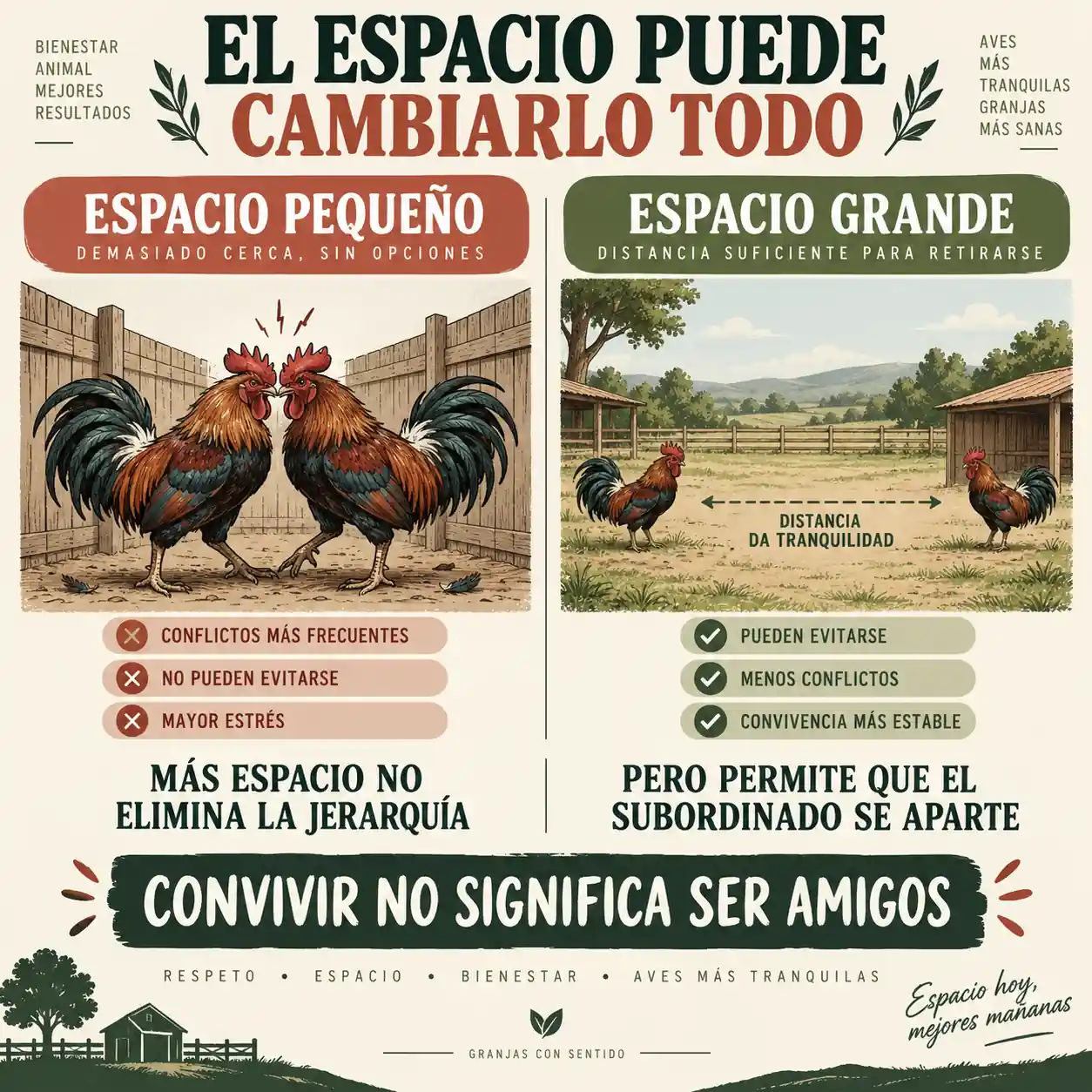 Infografía sobre la importancia del espacio para que dos gallos puedan evitarse