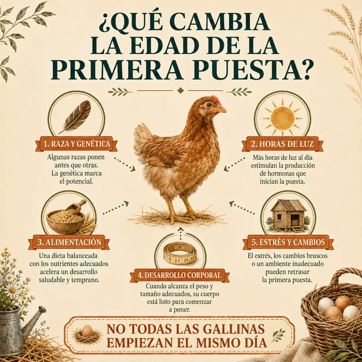 Infografía sobre los factores que pueden adelantar o retrasar la primera puesta de una gallina