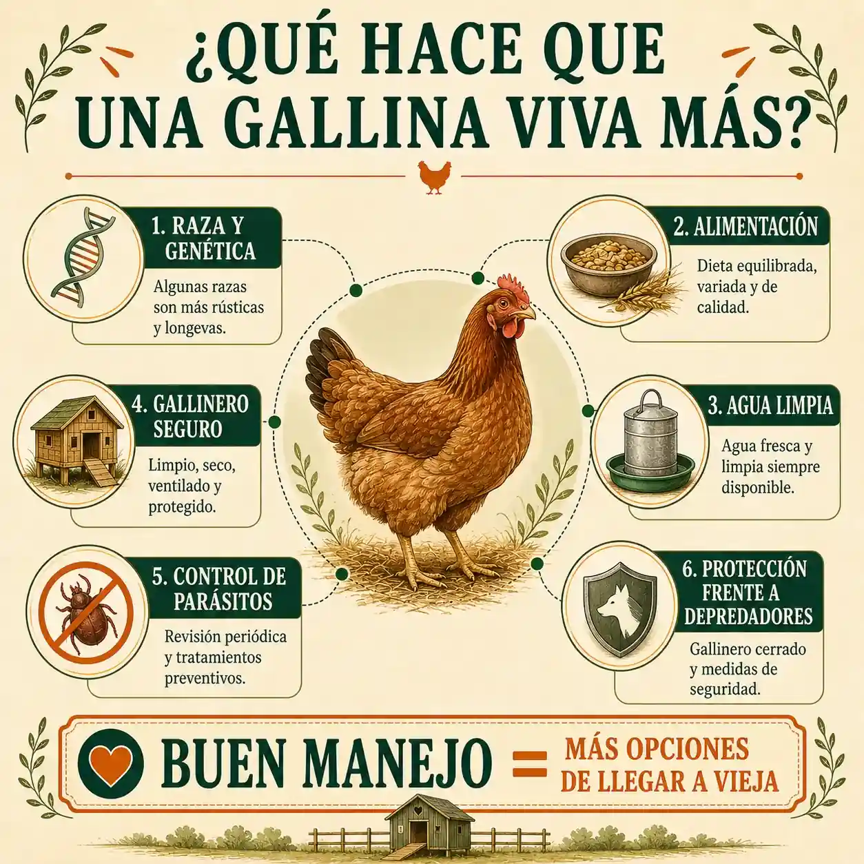 Infografía con los factores que influyen en cuánto vive una gallina