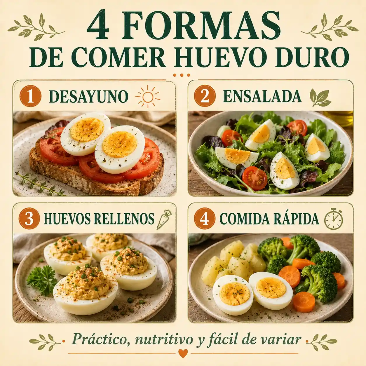 Infografía con ideas para comer huevo duro en desayunos, ensaladas y huevos rellenos