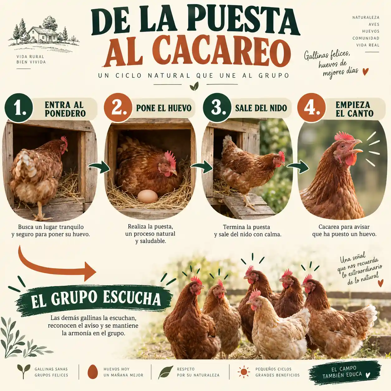 Secuencia de una gallina poniendo un huevo y cacareando después