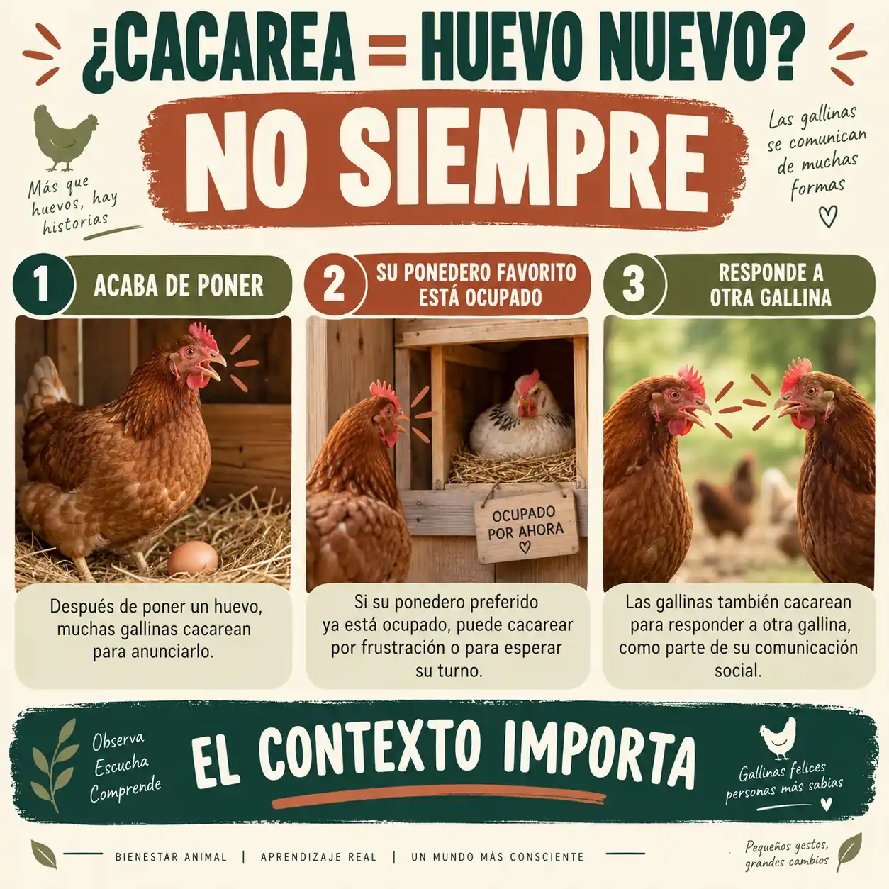 Infografía explicando que una gallina puede cacarear aunque no haya puesto un huevo