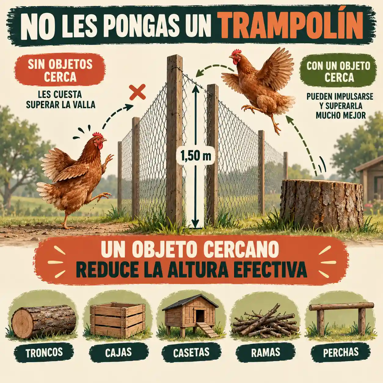 Infografía mostrando cómo troncos y objetos junto a una valla facilitan que una gallina escape