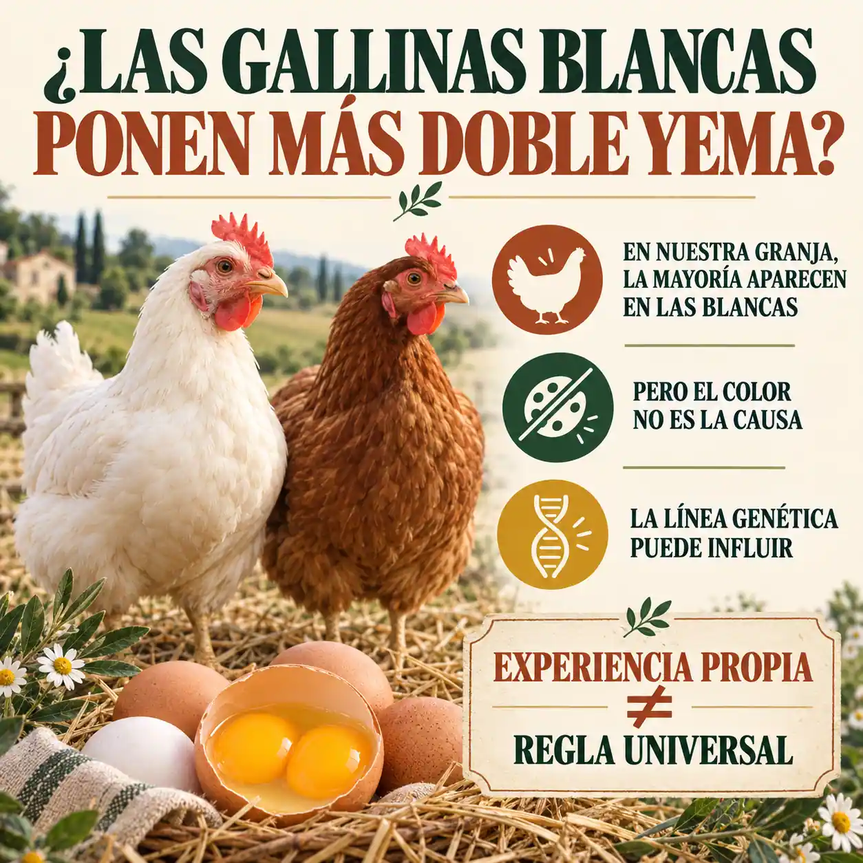 Gallinas blancas huevos de doble yema y posible influencia genética