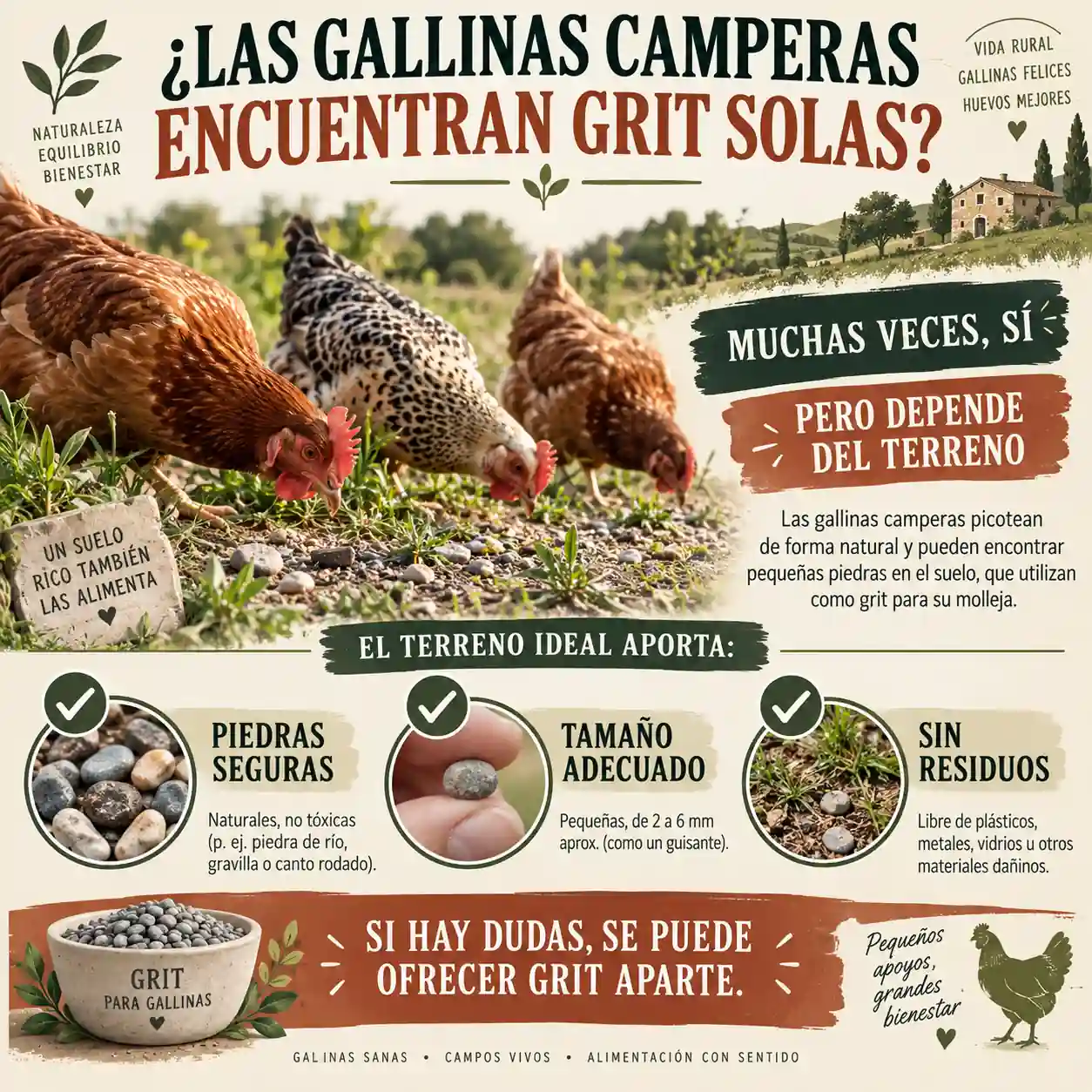 Gallinas camperas buscando pequeñas piedras en el terreno