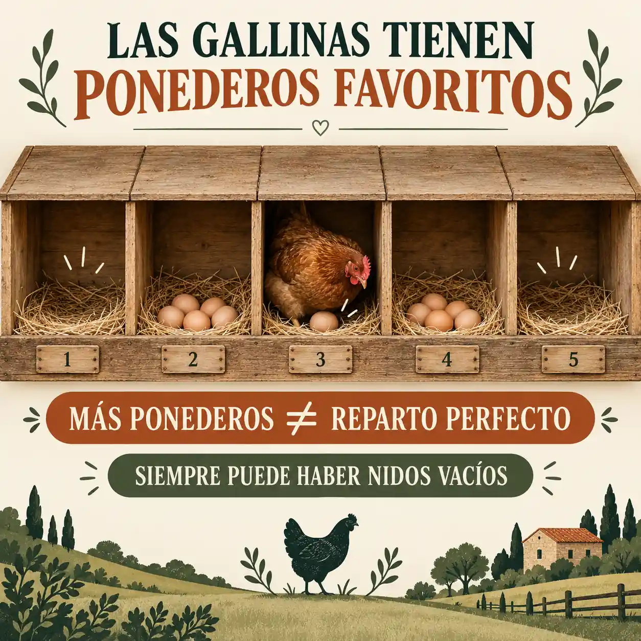 Infografía de varias gallinas utilizando un ponedero favorito mientras otros quedan vacíos