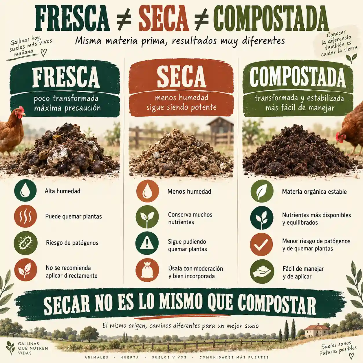 Infografía comparando gallinaza fresca, seca y compostada