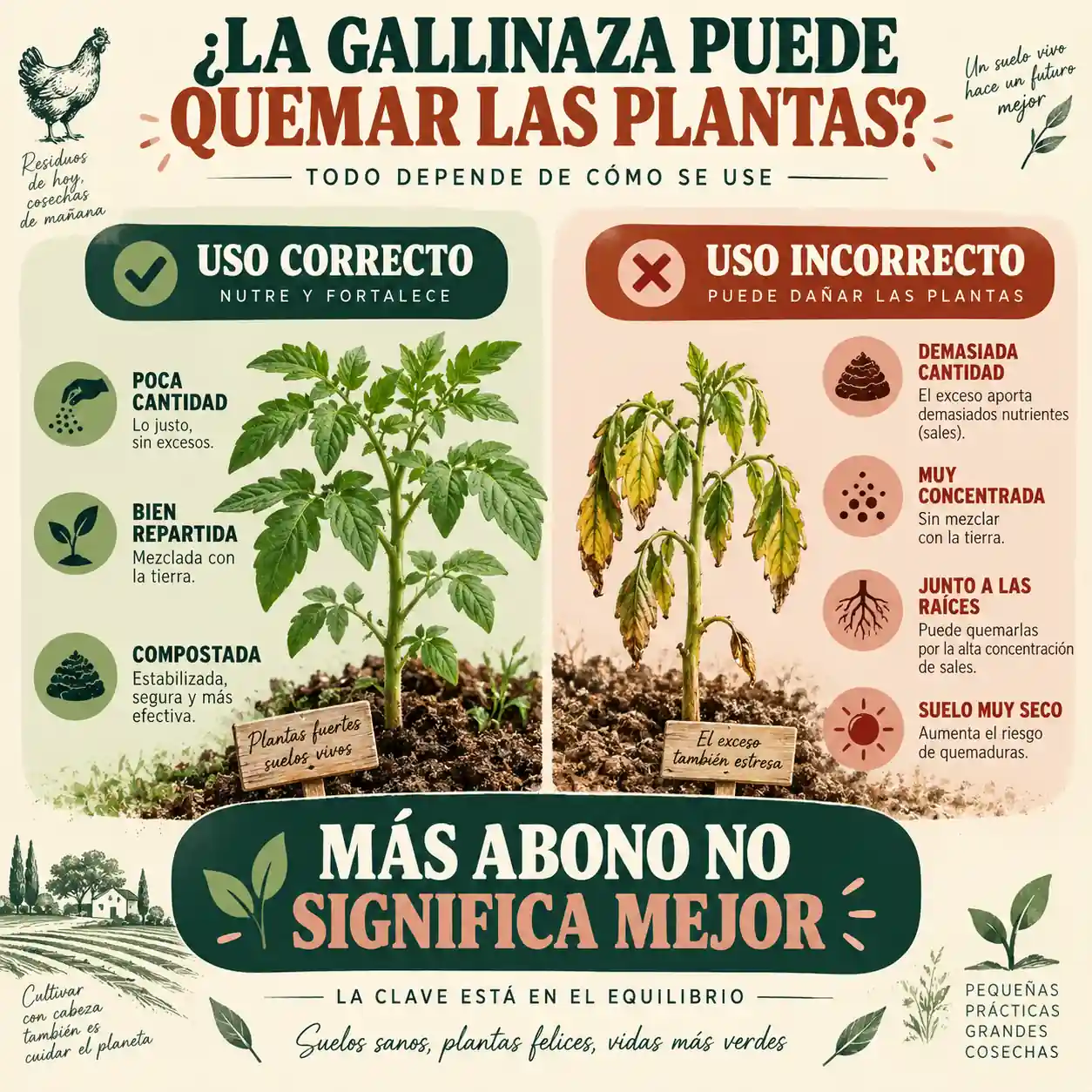 Infografía explicando por qué demasiada gallinaza puede dañar las plantas