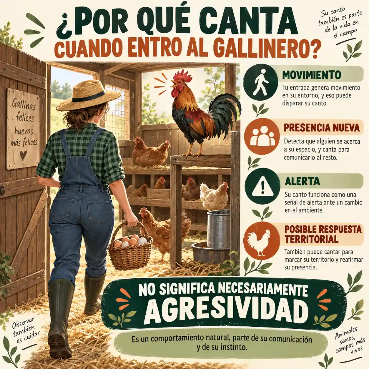 Infografía de un gallo cantando cuando una persona entra al gallinero a recoger huevos