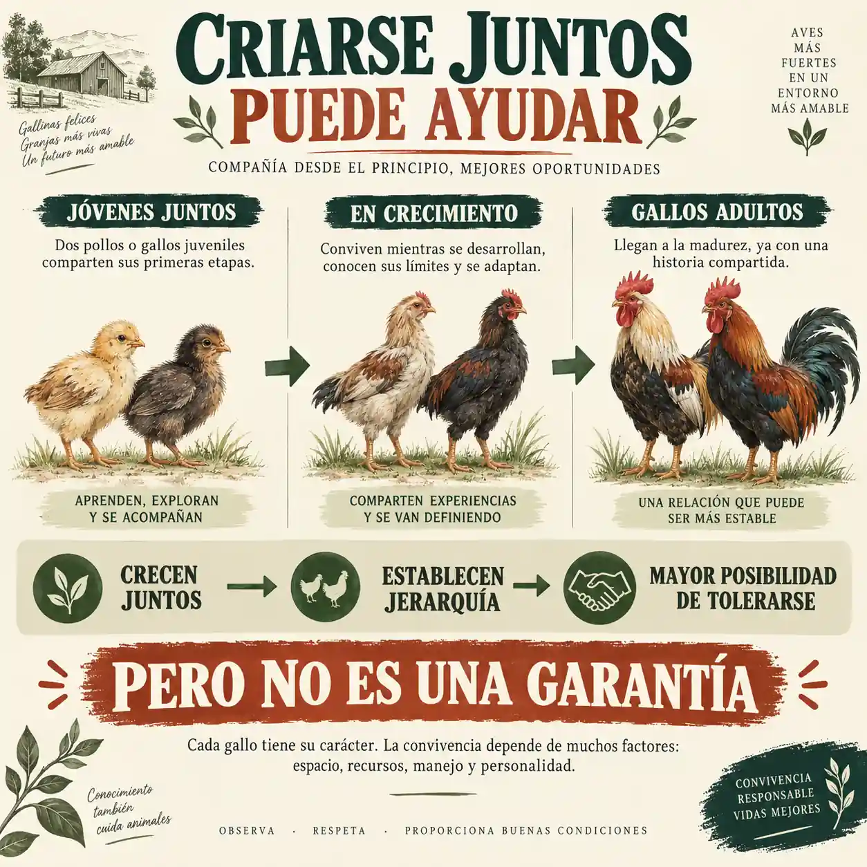 Infografía sobre dos gallos criados juntos desde jóvenes
