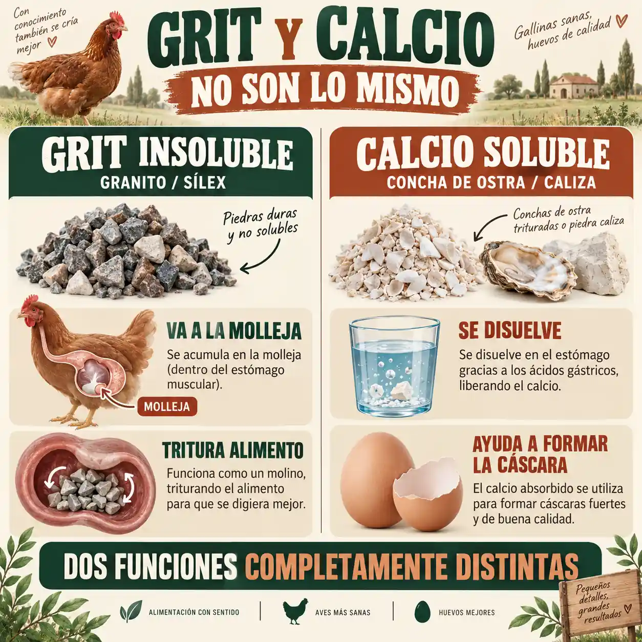 Diferencia entre grit digestivo y calcio para gallinas