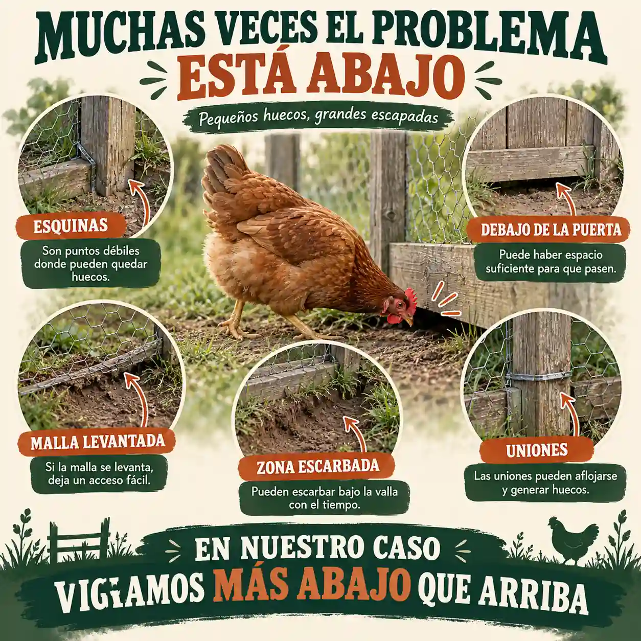 Infografía sobre los huecos inferiores de una valla por los que pueden escapar gallinas