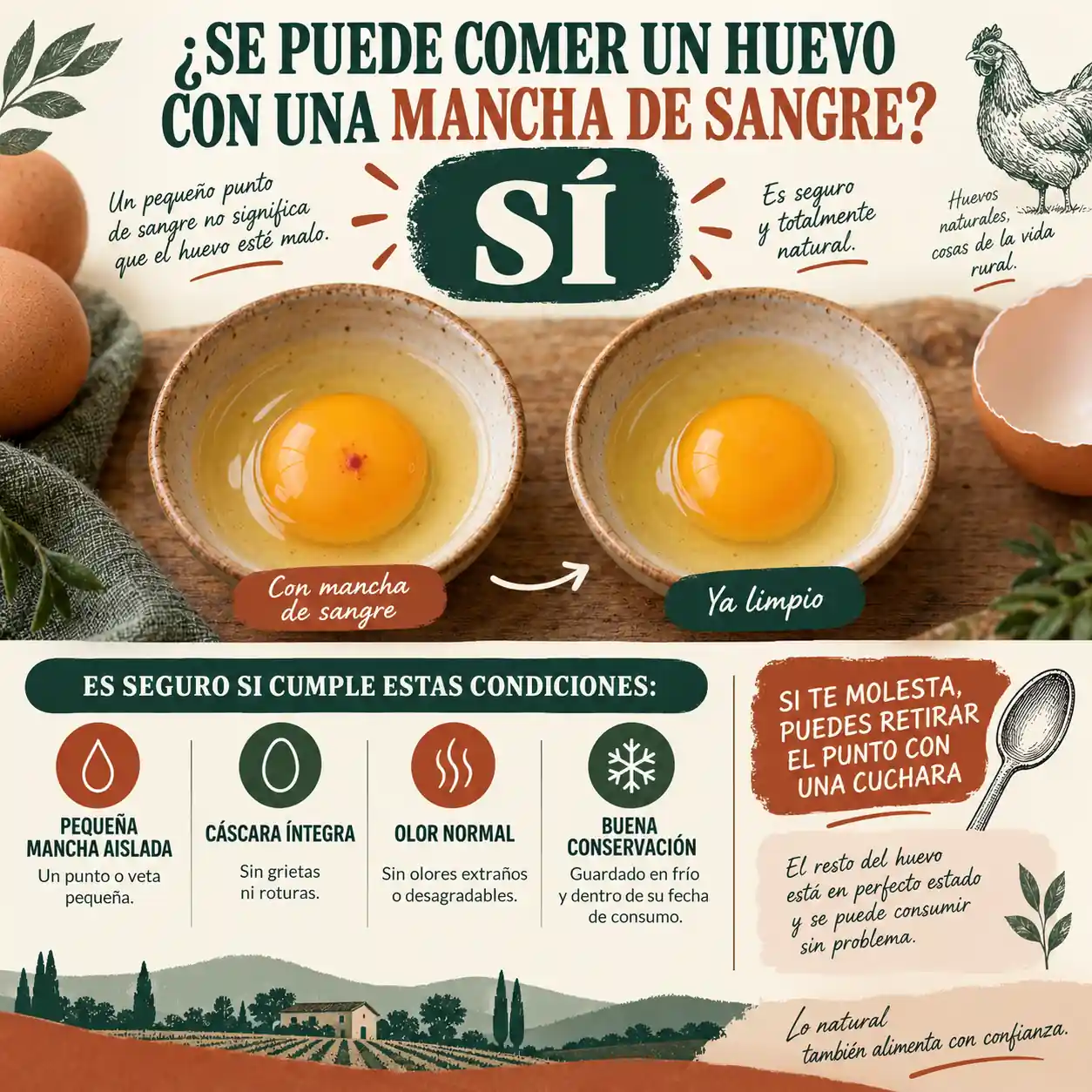 Huevo con una pequeña mancha de sangre que se puede consumir
