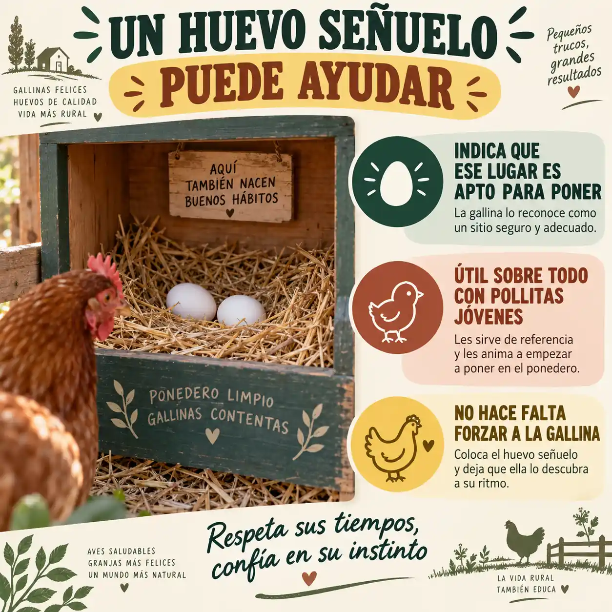 Huevo falso colocado en un ponedero para ayudar a una gallina joven