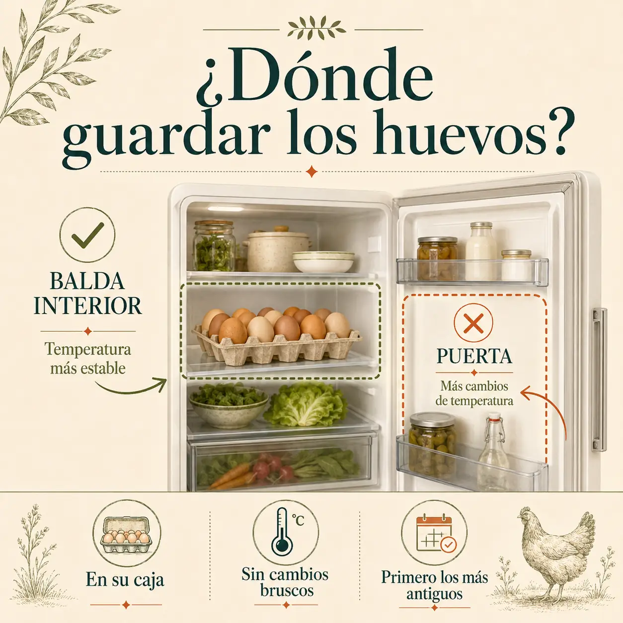 Huevos frescos guardados correctamente dentro de la nevera