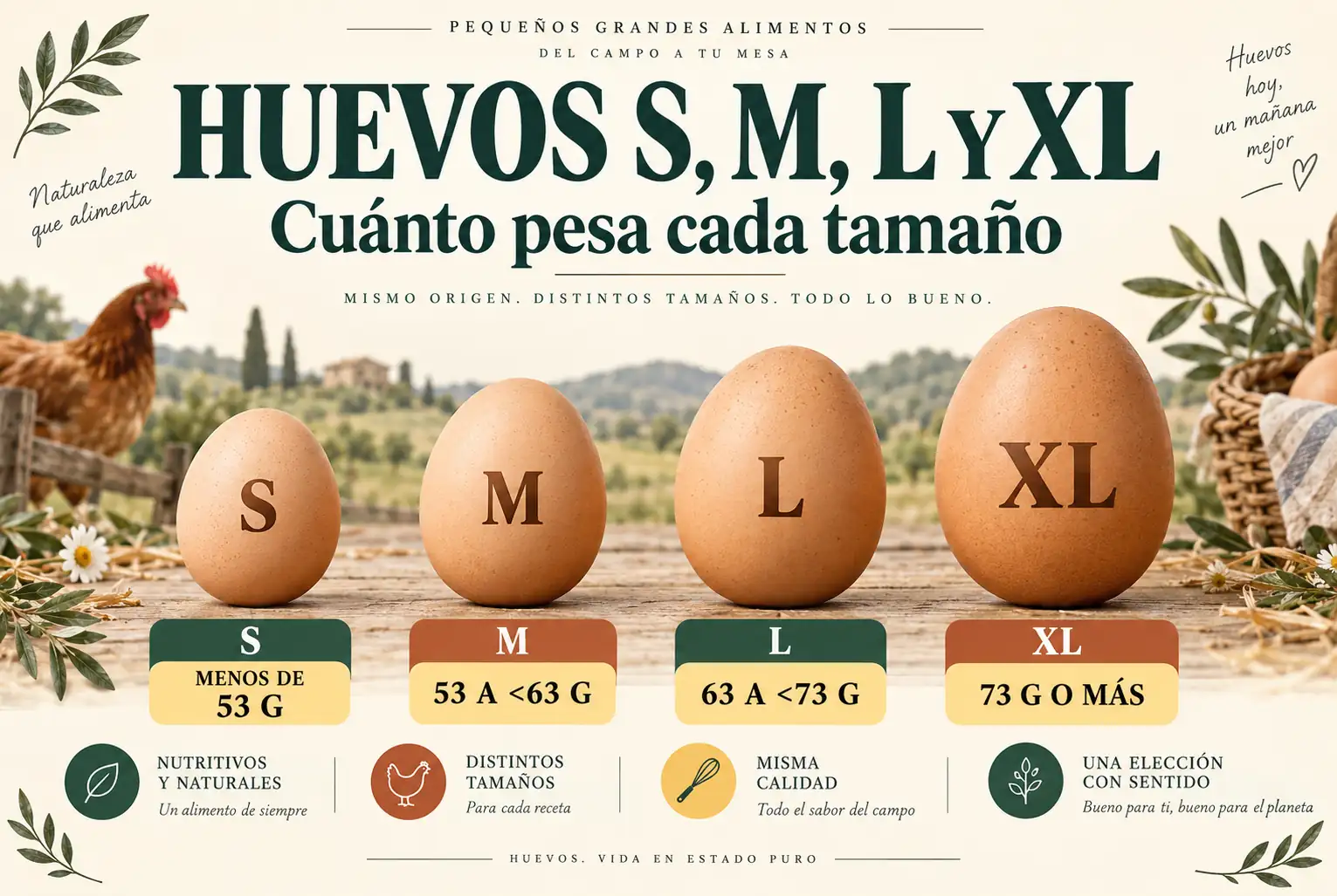 Huevos S, M, L y XL: cuánto pesa cada tamaño