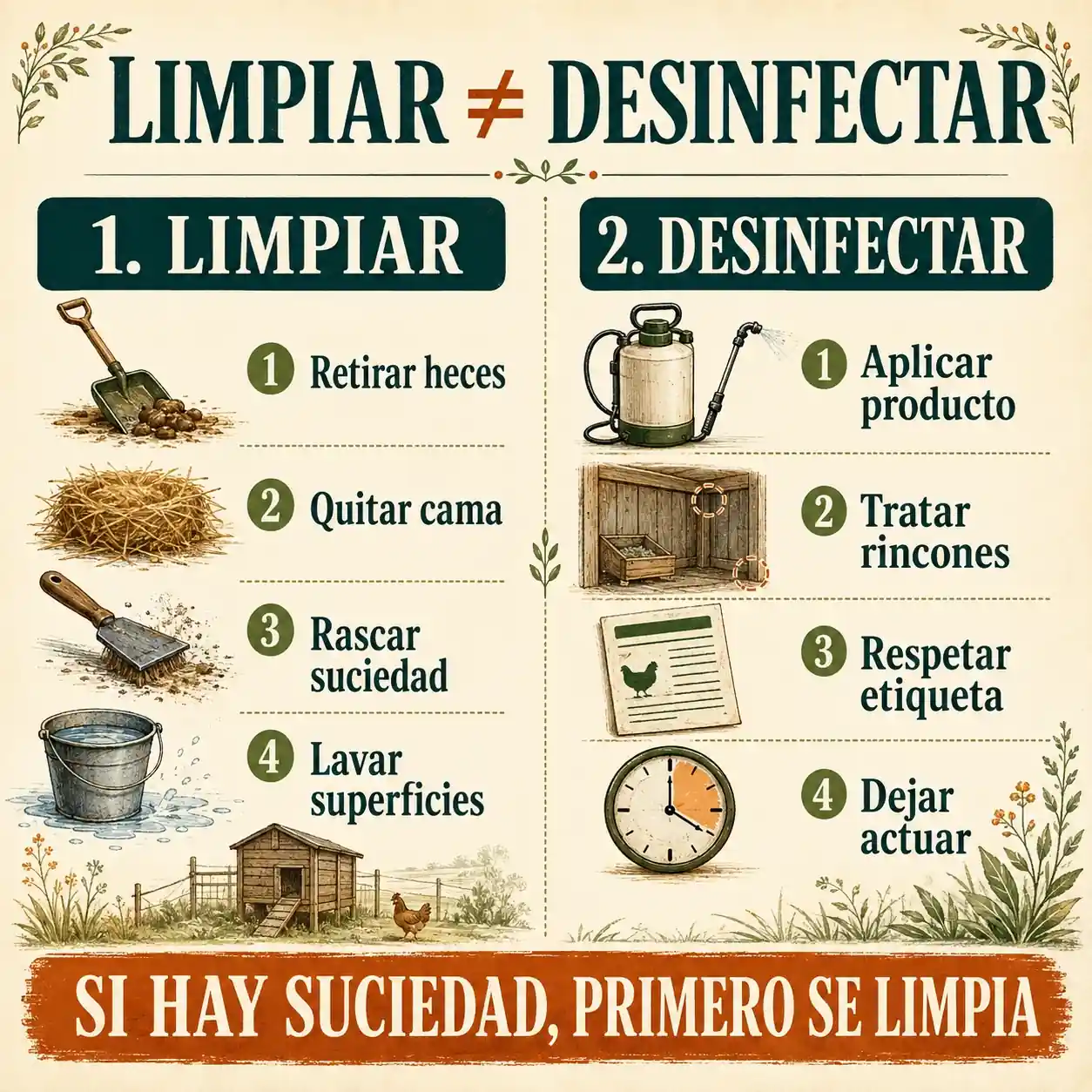Infografía que explica la diferencia entre limpiar y desinfectar un gallinero