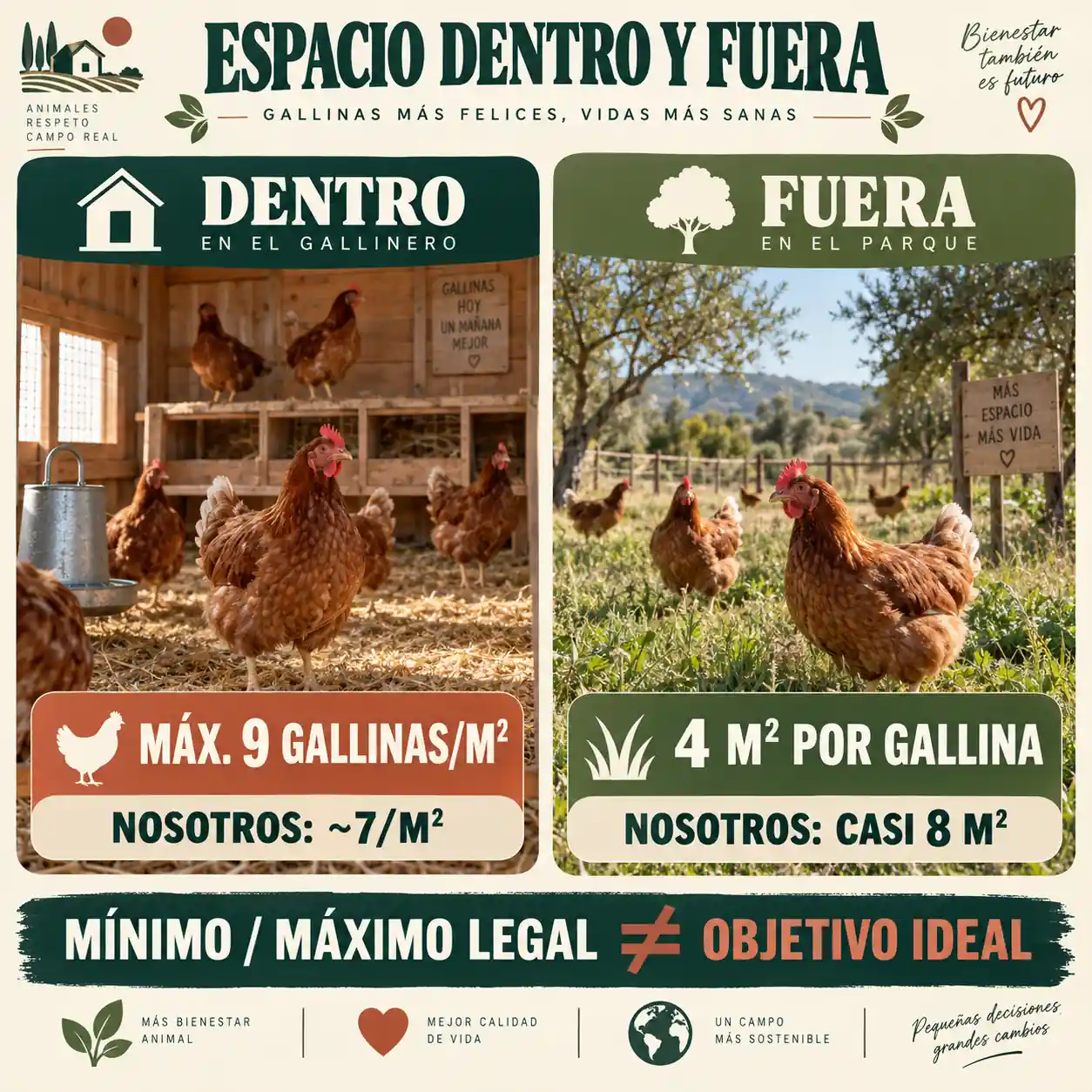 Infografía sobre los metros que necesita una gallina dentro y fuera del gallinero