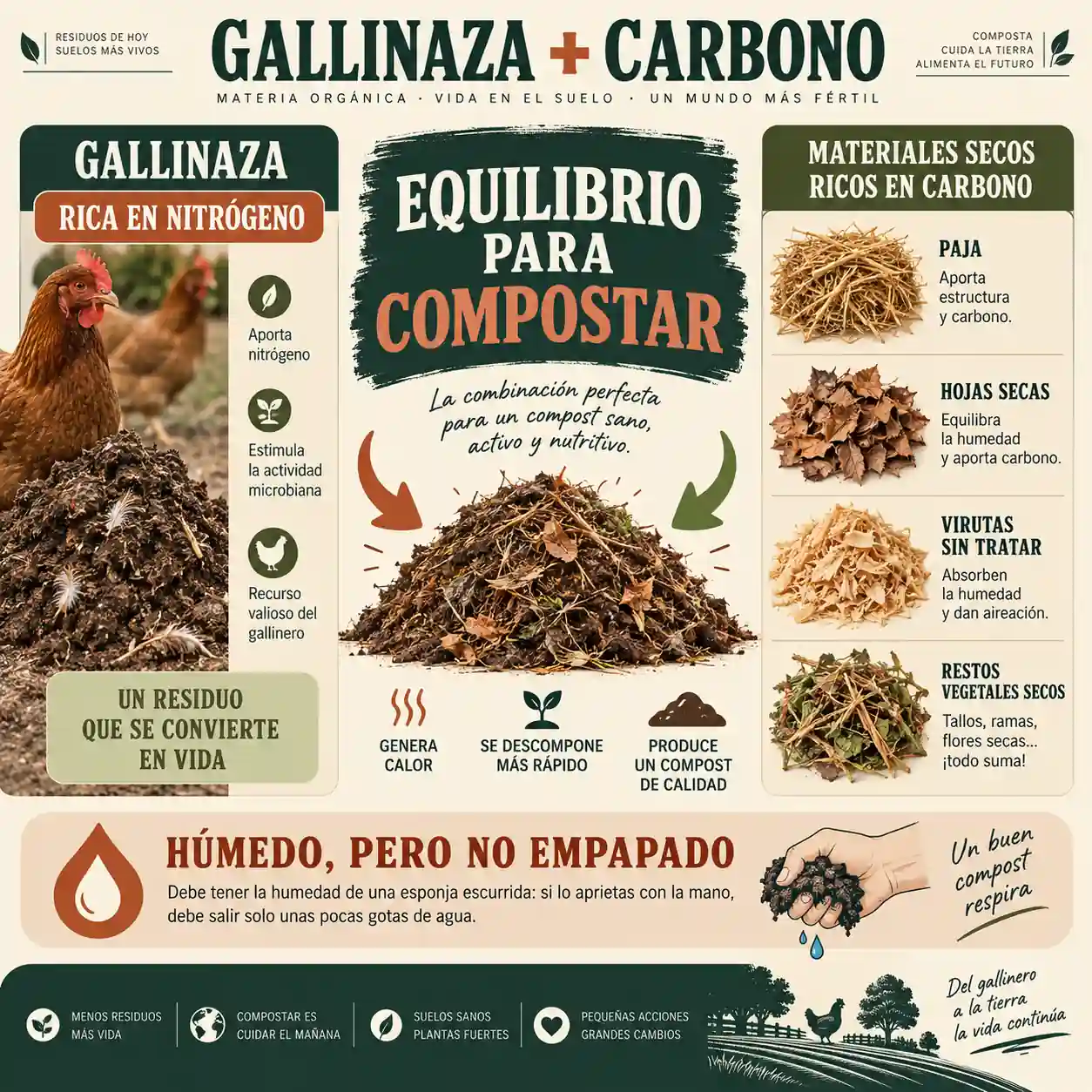 Infografía de gallinaza mezclada con paja, hojas secas y materiales ricos en carbono