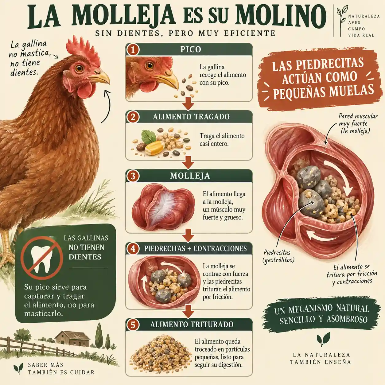 Infografía sobre cómo la molleja funciona como un molino en las gallinas