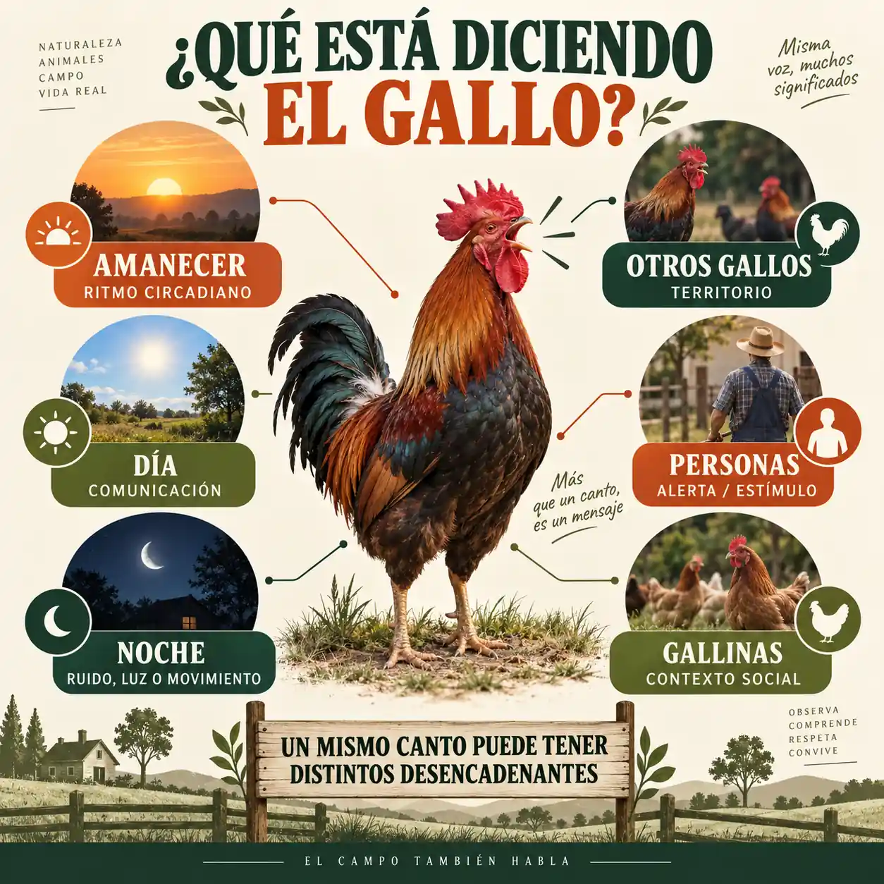 Infografía resumen de los principales motivos por los que canta un gallo