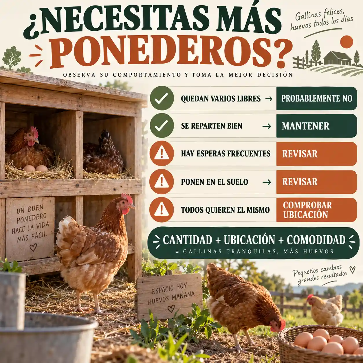 Infografía con señales para saber si hacen falta más ponederos para las gallinas