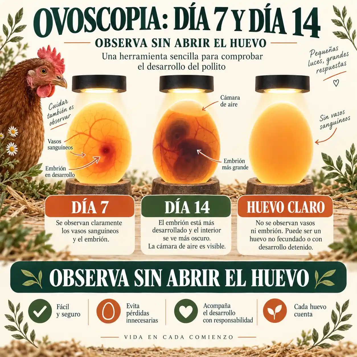 Infografía de ovoscopia de huevos de gallina en los días 7 y 14