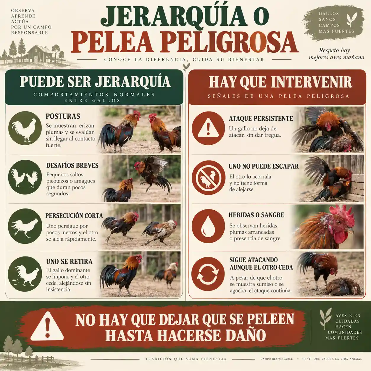 Infografía para diferenciar una disputa de jerarquía de una pelea peligrosa entre gallos