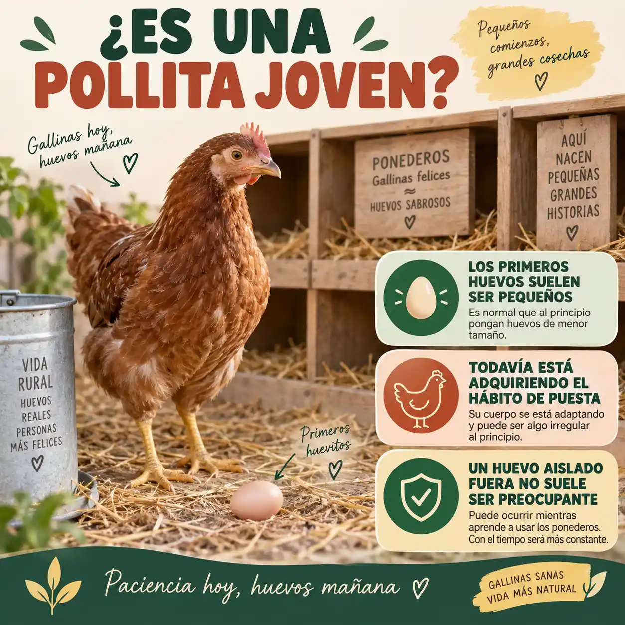 Pollita joven que ha puesto un huevo pequeño fuera del ponedero