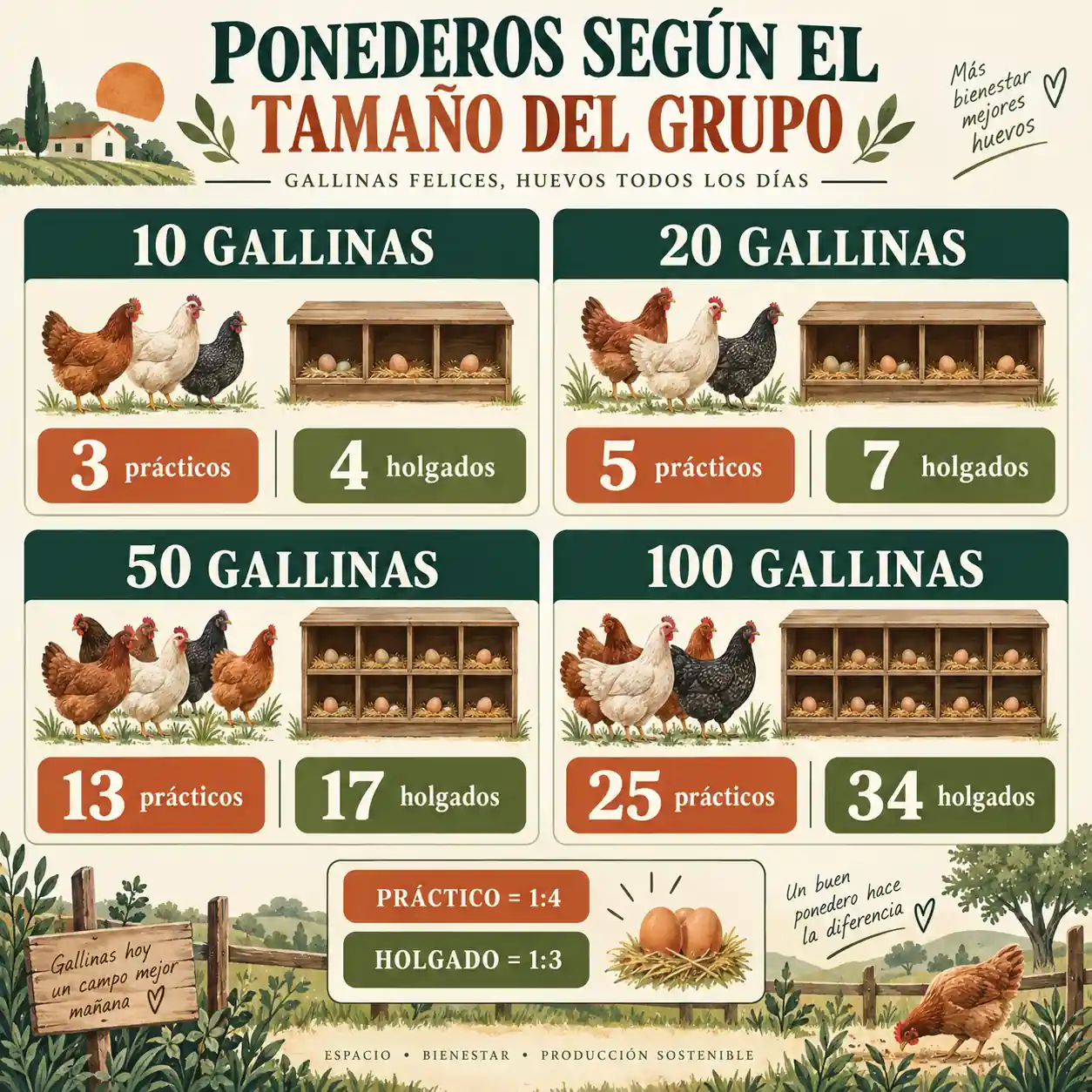 Infografía con cantidad de ponederos para 10, 20, 50 y 100 gallinas