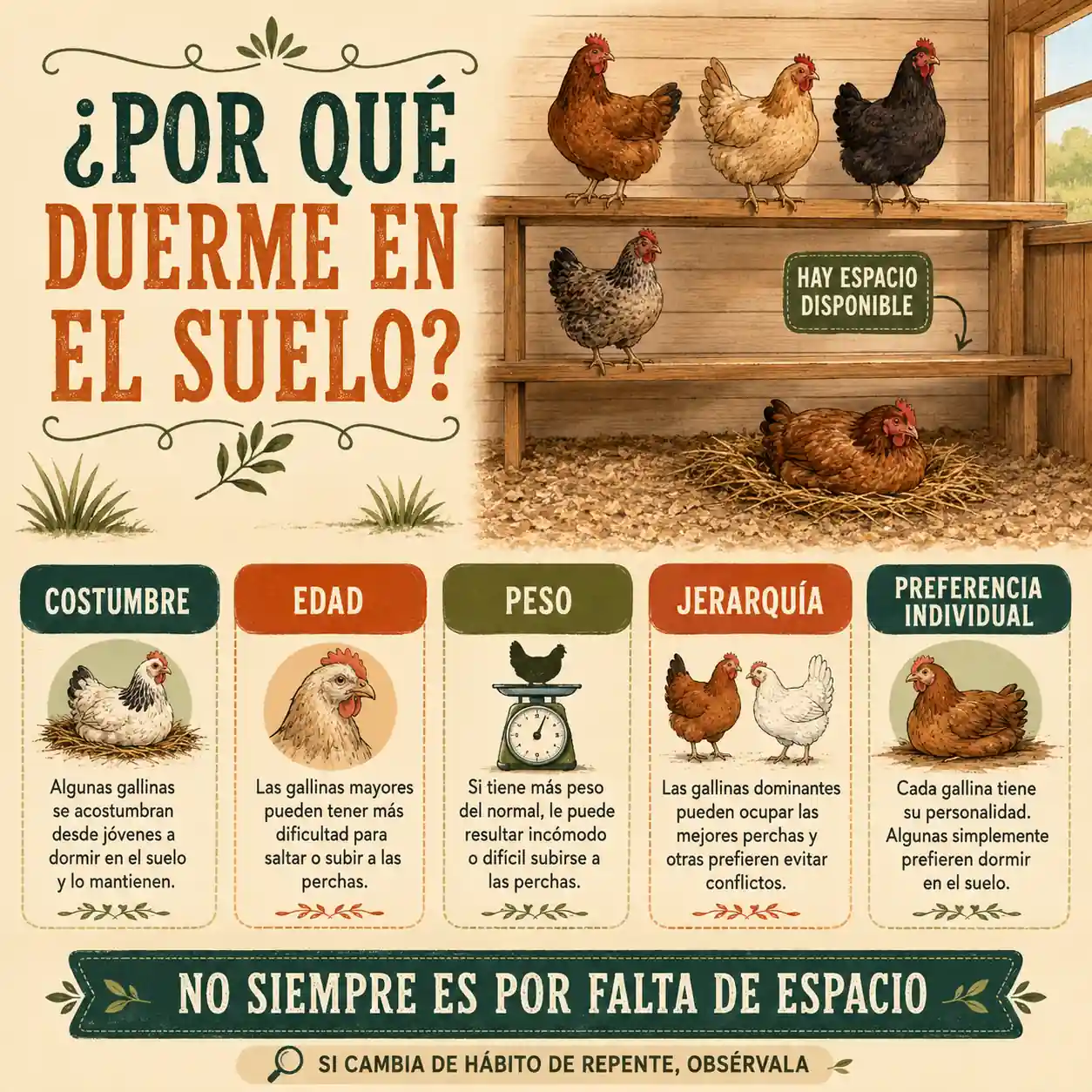 Infografía sobre las razones por las que algunas gallinas duermen en el suelo