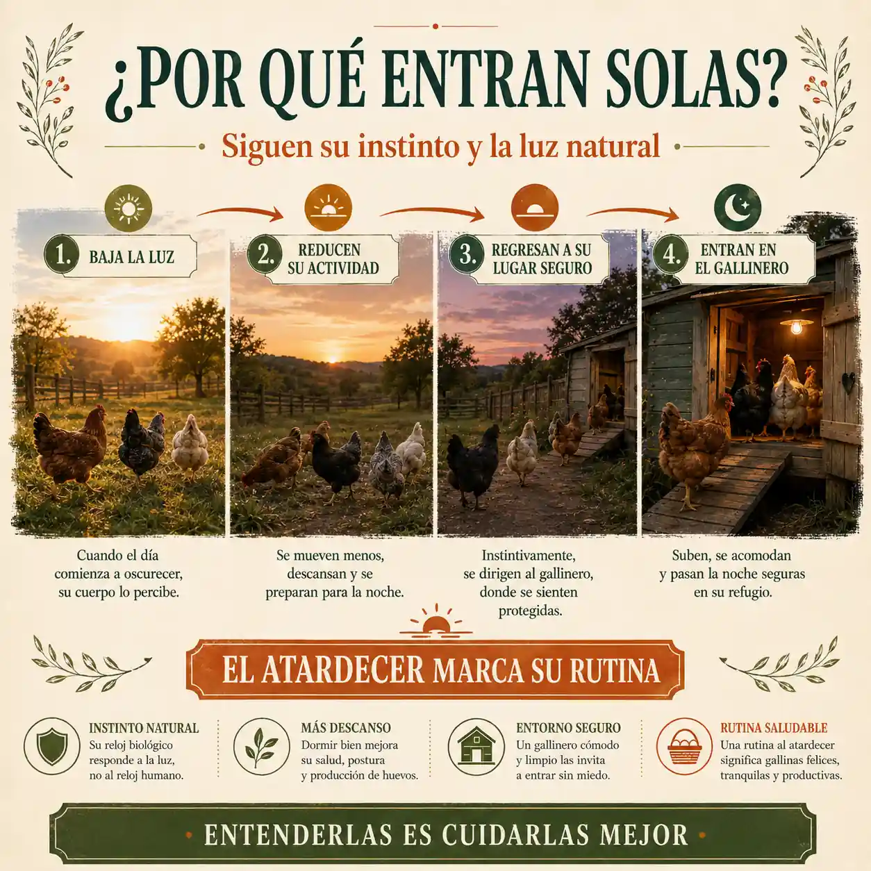 Infografía sobre por qué las gallinas entran solas al gallinero cuando anochece