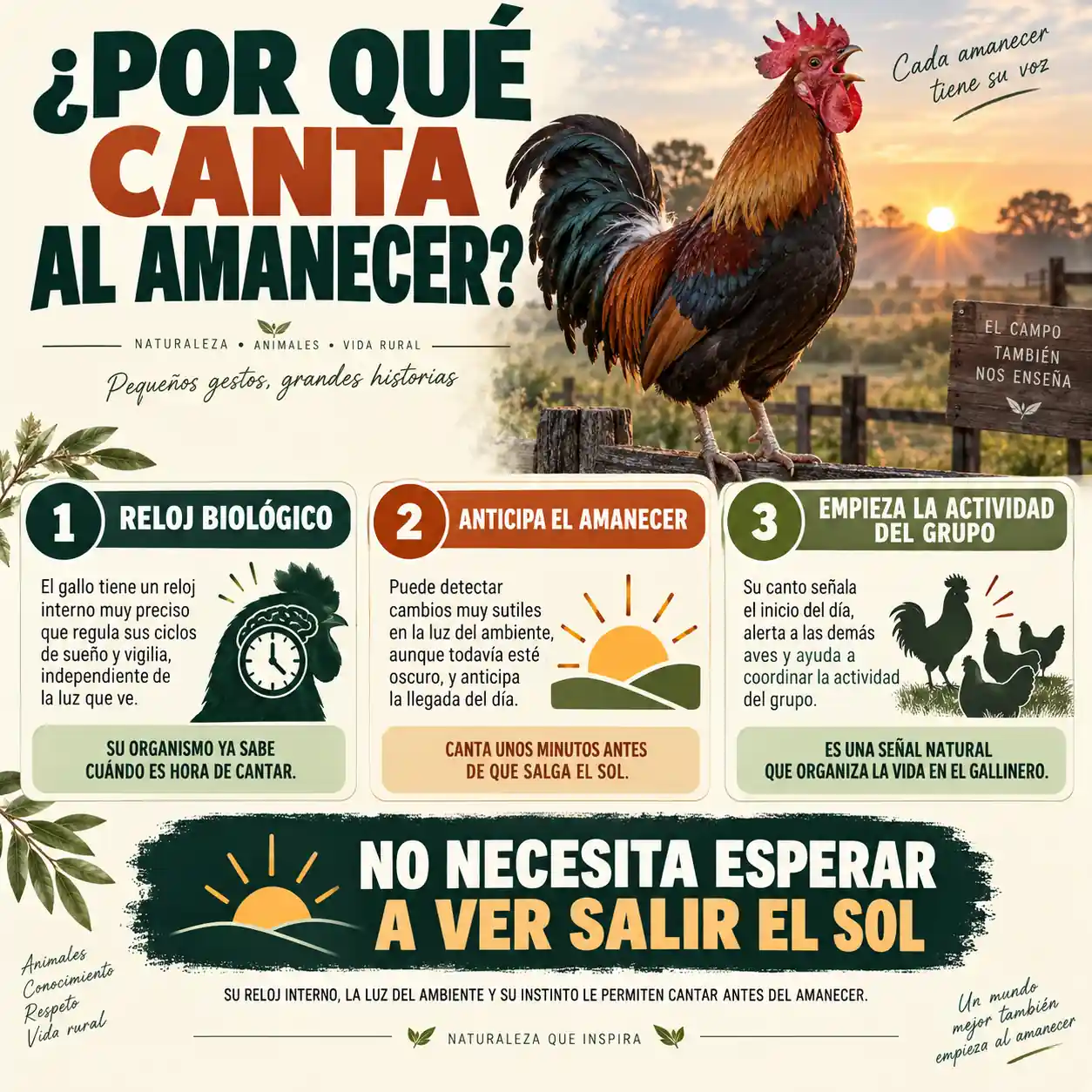 Infografía sobre por qué canta el gallo al amanecer y su ritmo circadiano