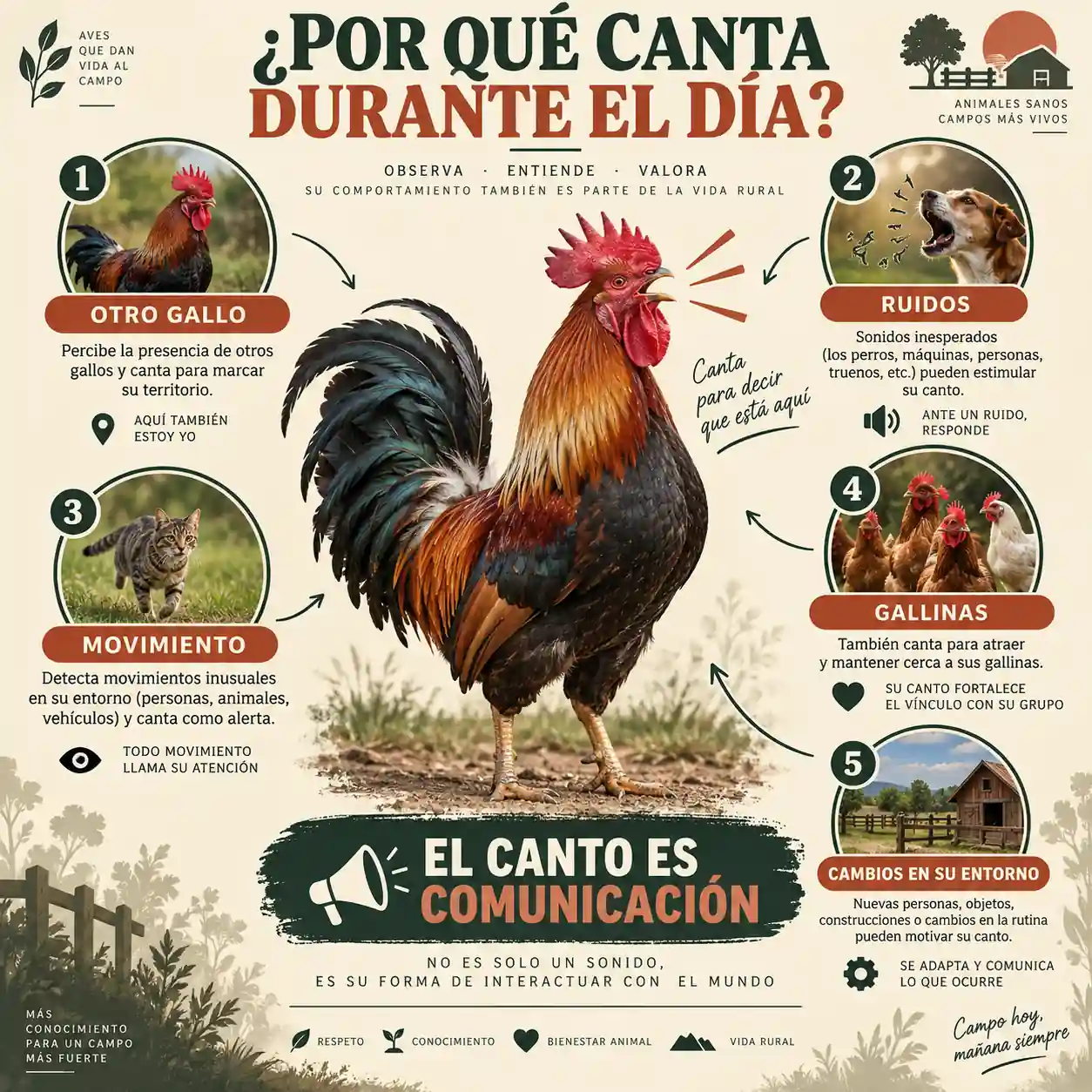 Infografía sobre los motivos por los que un gallo canta durante el día