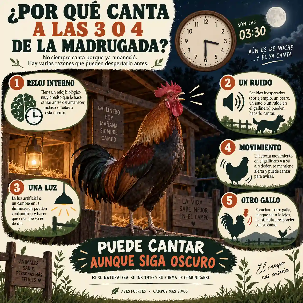 Infografía sobre por qué un gallo puede cantar a las tres o cuatro de la madrugada