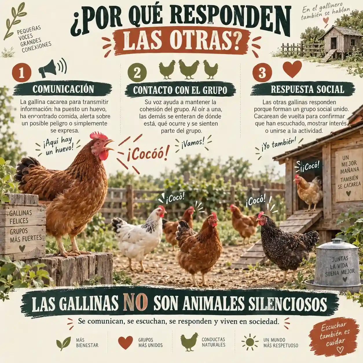 Infografía sobre por qué otras gallinas responden al cacareo tras la puesta