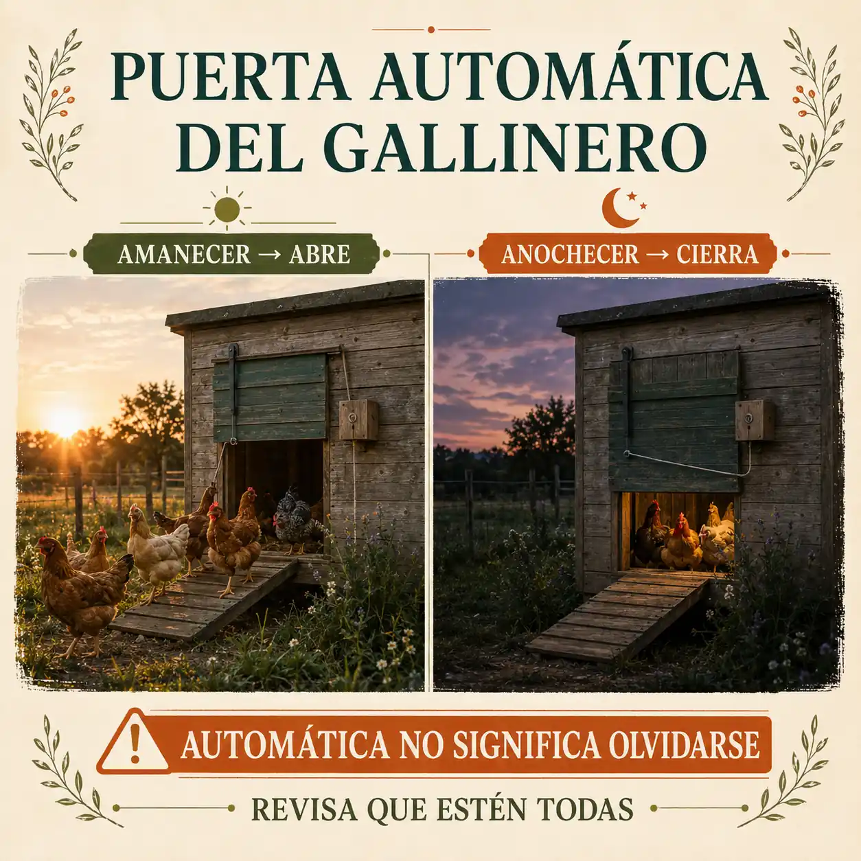 Infografía sobre una puerta automática de gallinero que abre al amanecer y cierra al anochecer
