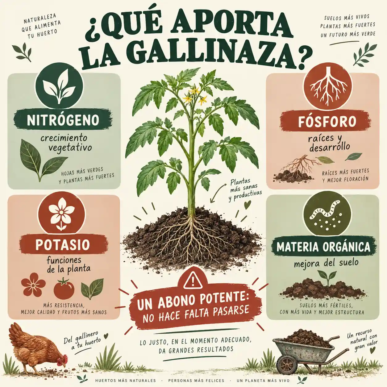Infografía sobre los nutrientes que aporta la gallinaza al suelo y a las plantas