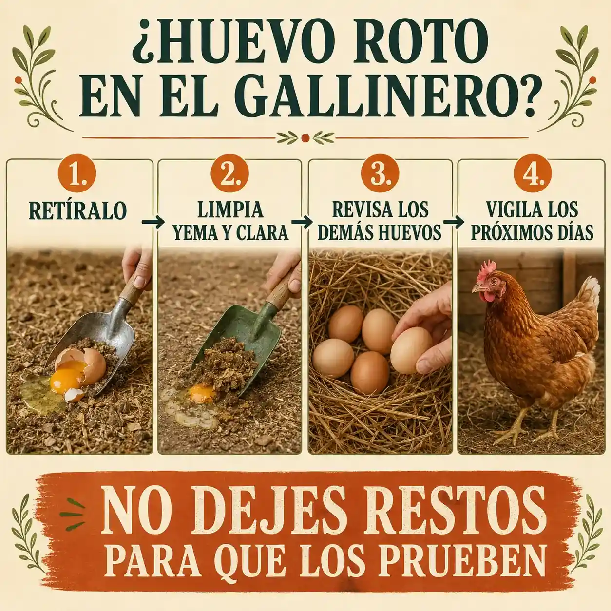 Infografía con los pasos que seguir si aparece un huevo roto en el gallinero