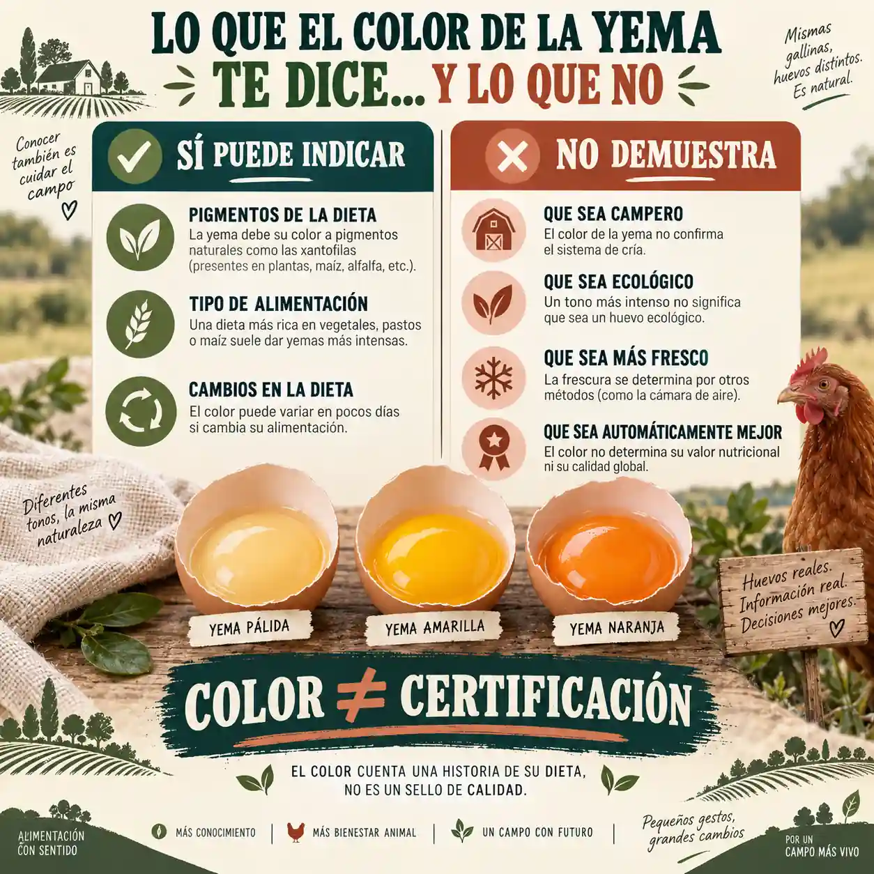 Infografía sobre lo que indica y no indica el color de la yema