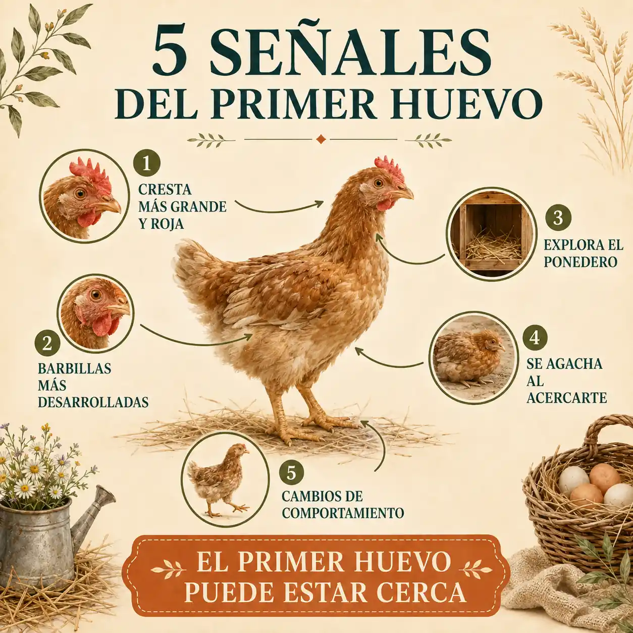 Infografía con señales de que una pollita está cerca de poner su primer huevo