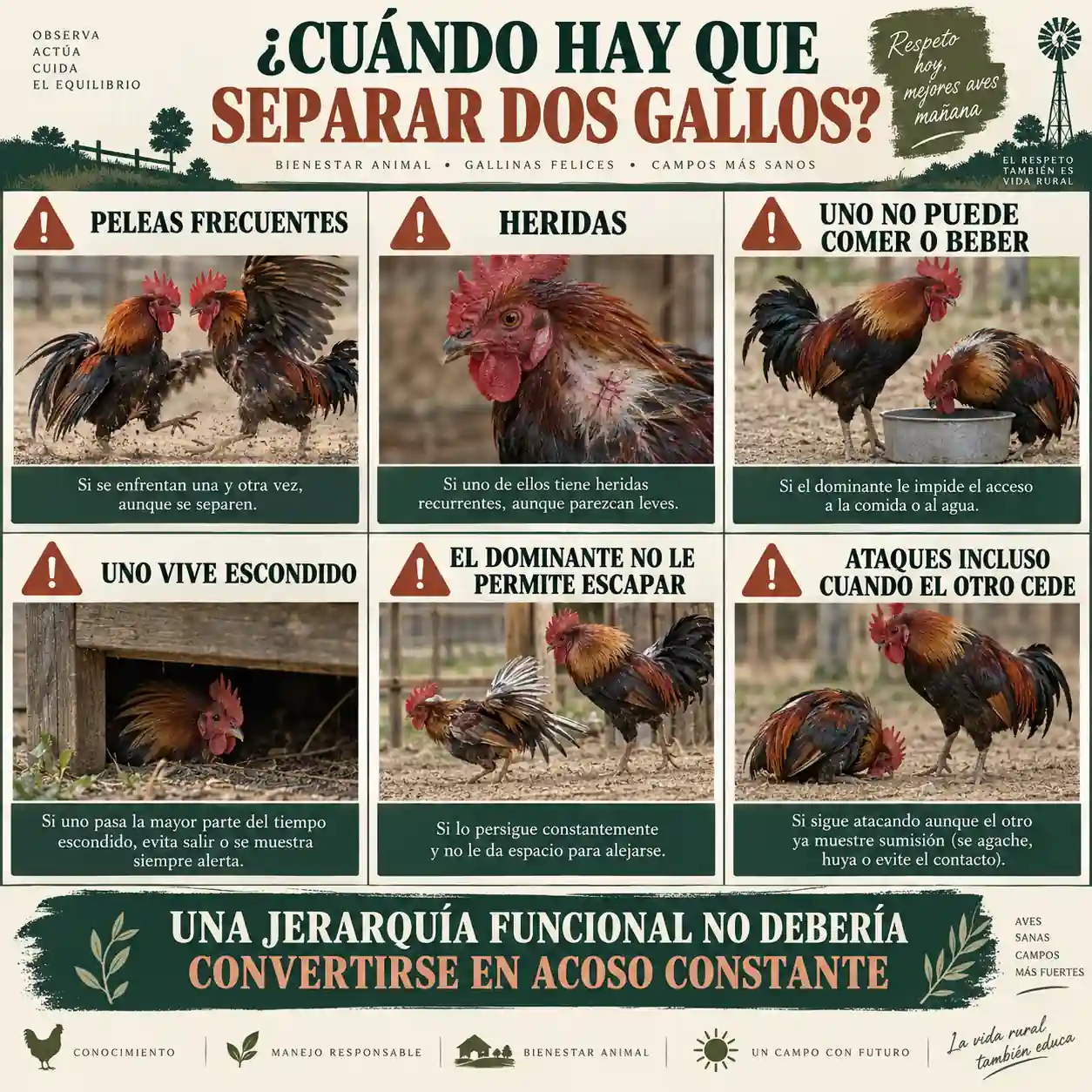 Infografía con señales que indican que dos gallos deben separarse