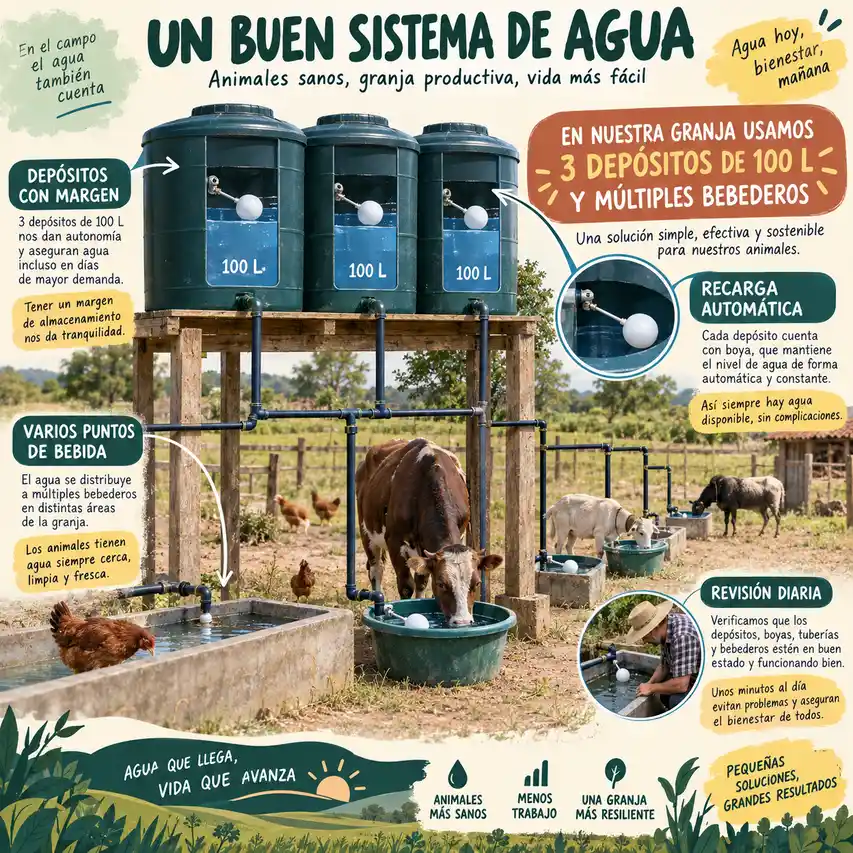 Sistema de depósitos con boyas y múltiples bebederos para gallinas