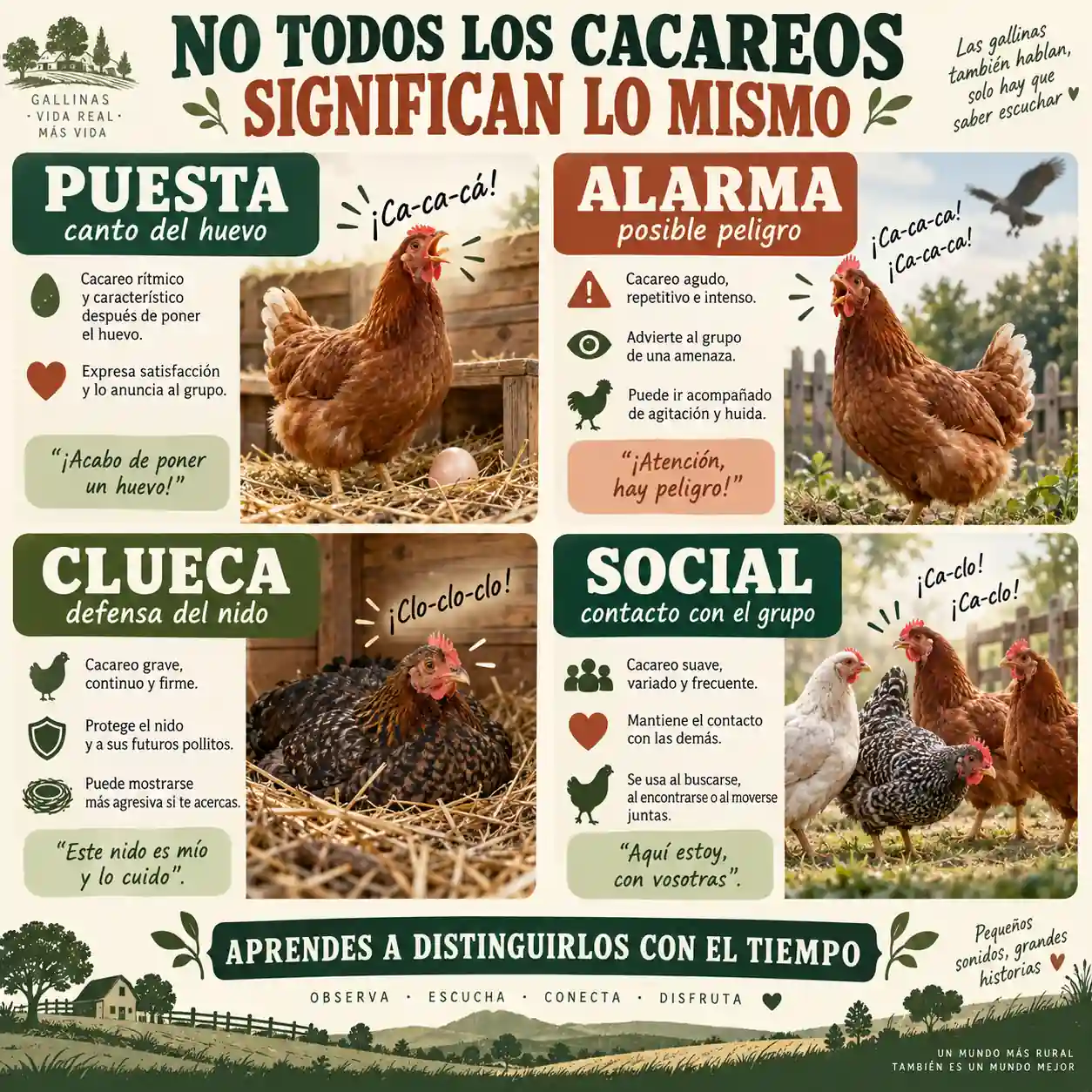 Infografía comparando distintos sonidos de gallinas como puesta alarma y cloquera
