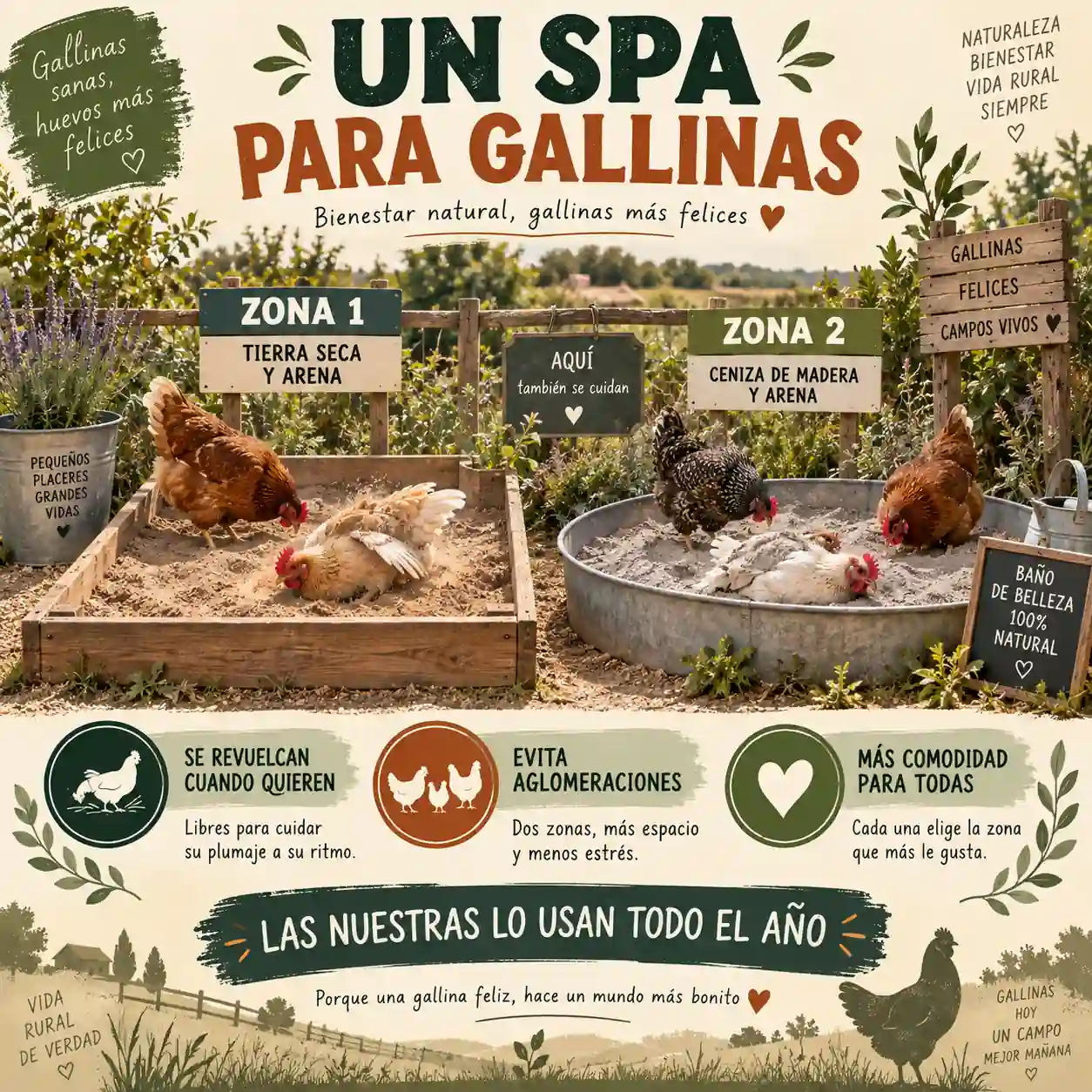 Zona de spa con areneros para baños de polvo de gallinas