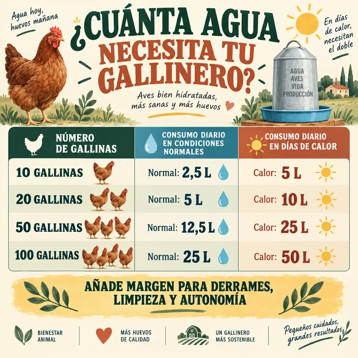 Tabla de litros de agua necesarios para 10 20 50 y 100 gallinas