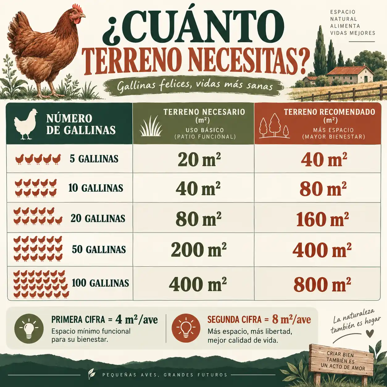 Tabla visual con metros necesarios para 5, 10, 20, 50 y 100 gallinas