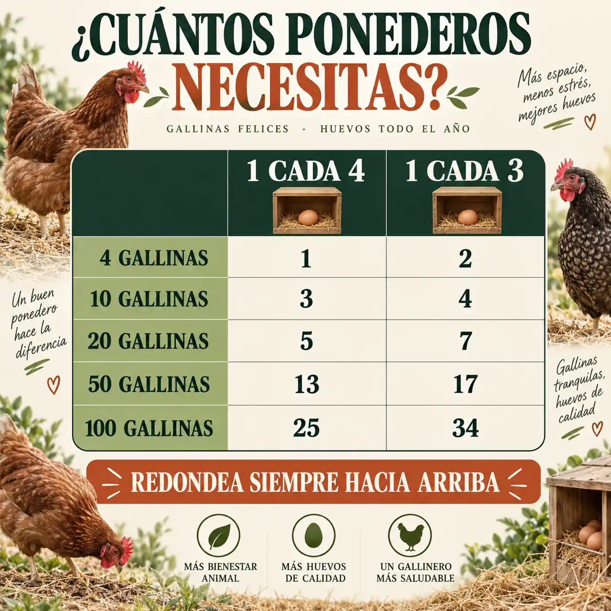 Infografía con número de ponederos recomendado según cantidad de gallinas