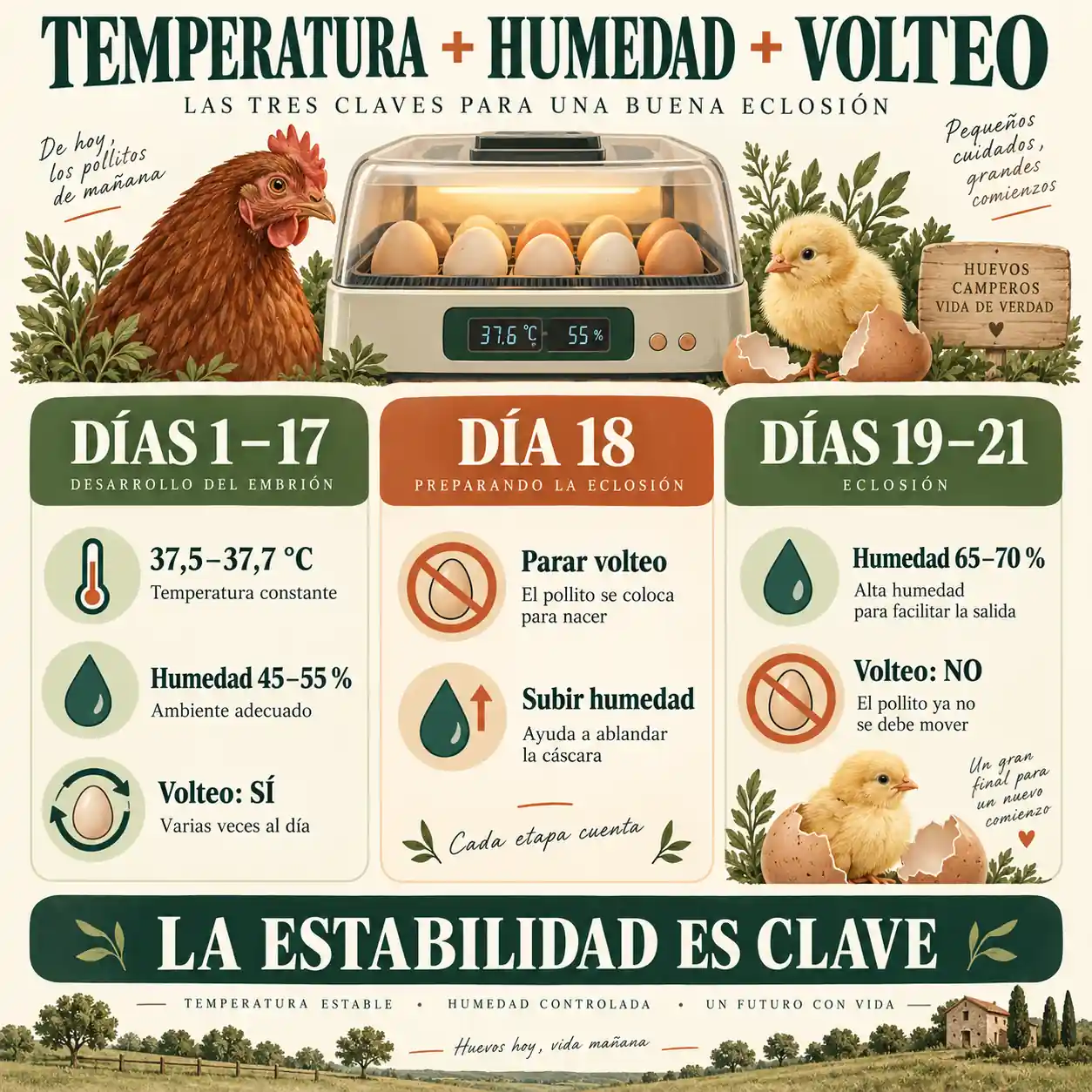 Infografía sobre temperatura, humedad y volteo para incubar huevos de gallina
